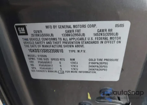 2005 GMC Envoy Sle z USA, uszkodzony, nr VIN 1GKDS13S852358610